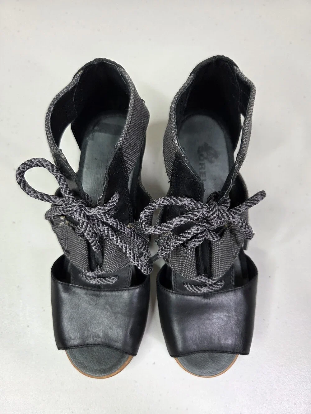 Sorel Joanie Leather Lace Up Wedge Sandals Women's Black Open-Toe
